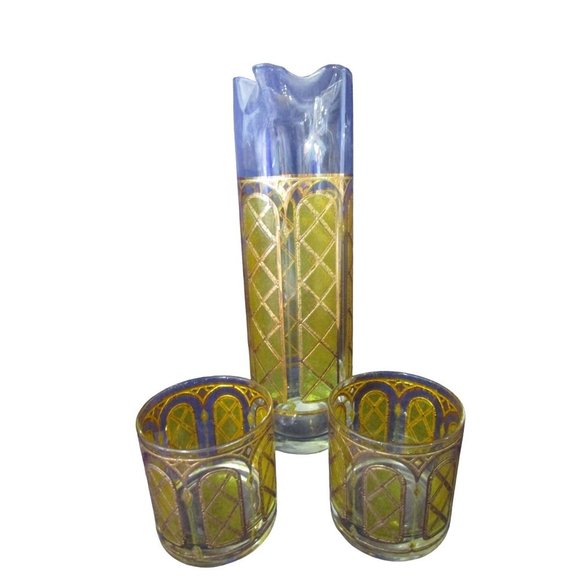 Mid Century Cocktail Martini Drinks Pitcher Set Stained Glass Yellow Gold EUC - Picture 2 of 16